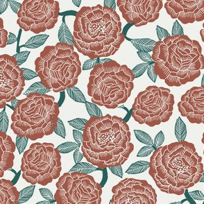 roses fabric - woodcut rose fabric, linocut roses fabric, baby girl nursery, valentines day - dark red