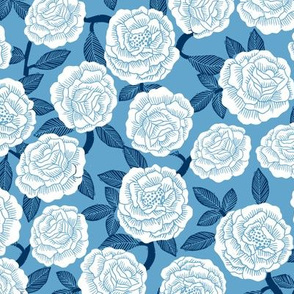 roses fabric - woodcut rose fabric, linocut roses fabric, baby girl nursery, valentines day - light blue