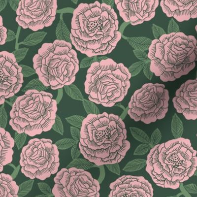 roses fabric - woodcut rose fabric, linocut roses fabric, baby girl nursery, valentines day - dark green