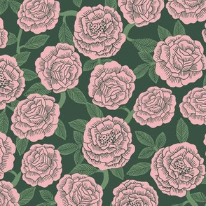 roses fabric - woodcut rose fabric, linocut roses fabric, baby girl nursery, valentines day - dark green