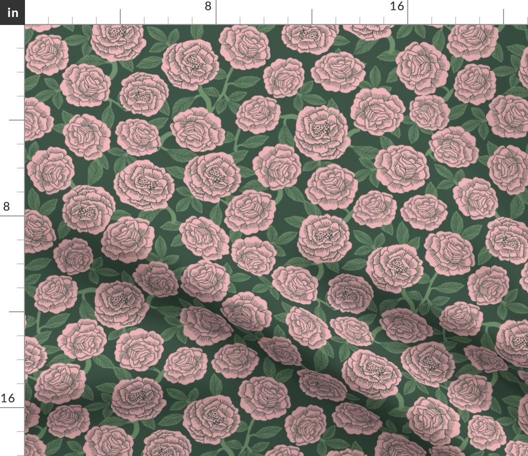 roses fabric - woodcut rose fabric, linocut roses fabric, baby girl nursery, valentines day - dark green