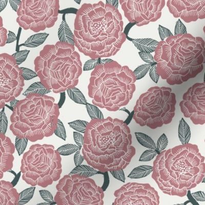 roses fabric - woodcut rose fabric, linocut roses fabric, baby girl nursery, valentines day - vintage