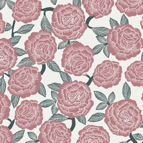 roses fabric - woodcut rose fabric, linocut roses fabric, baby girl nursery, valentines day - vintage
