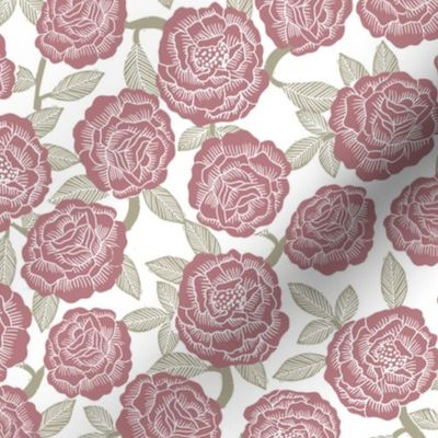 roses fabric - woodcut rose fabric, linocut roses fabric, baby girl nursery, valentines day - mauve