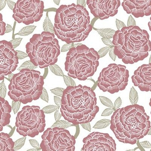 roses fabric - woodcut rose fabric, linocut roses fabric, baby girl nursery, valentines day - mauve