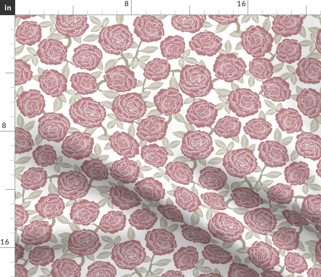 roses fabric - woodcut rose fabric, linocut roses fabric, baby girl nursery, valentines day - mauve