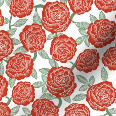 roses fabric - woodcut rose fabric, linocut roses fabric, baby girl nursery, valentines day - red