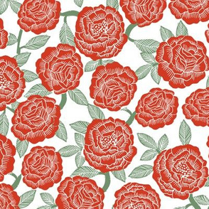 roses fabric - woodcut rose fabric, linocut roses fabric, baby girl nursery, valentines day - red