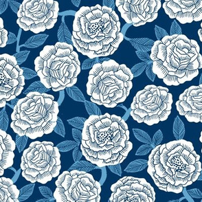 roses fabric - woodcut rose fabric, linocut roses fabric, baby girl nursery, valentines day - blue