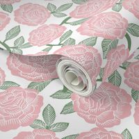 roses fabric - woodcut rose fabric, linocut roses fabric, baby girl nursery, valentines day -pink