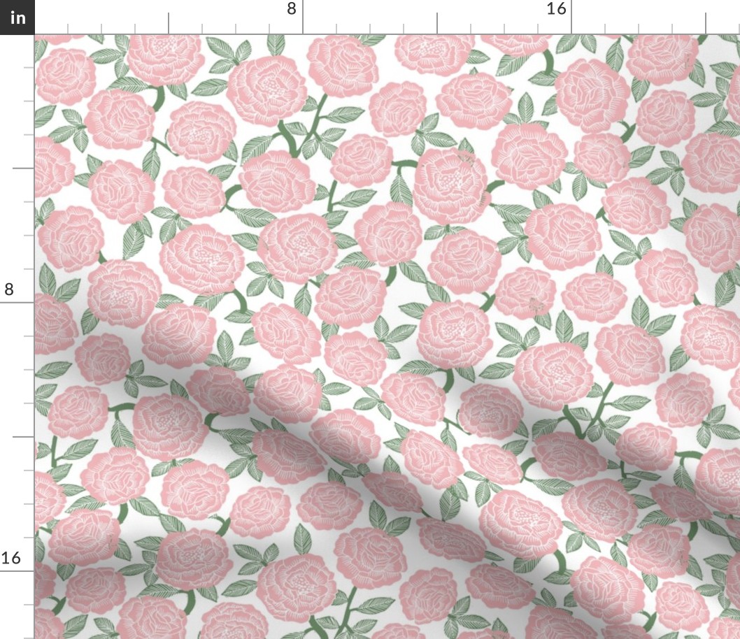 roses fabric - woodcut rose fabric, linocut roses fabric, baby girl nursery, valentines day -pink