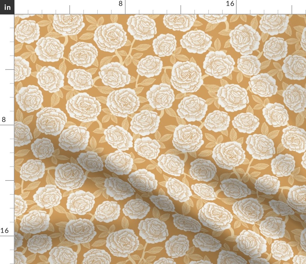 roses fabric - woodcut rose fabric, linocut roses fabric, baby girl nursery, valentines day - yellow