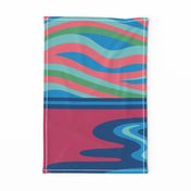 Blood Moon Abstract Outdoors Landscape with River Mountains Pine Trees in Bright Blue Mauve Navy Green - Sized For 1 Yard Wall Hanging - UnBlink Studio by Jackie Tahara