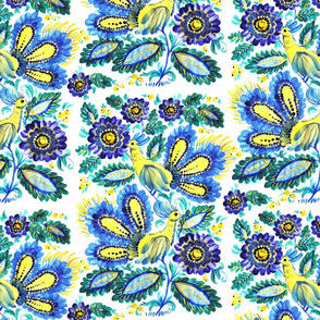 Surface seamless pattern with folk art ornament of fantasy flowers and birds. Hand drawn illustration