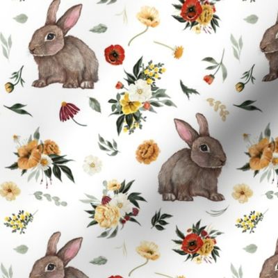 Bunnies and Florals // White - Easter, June Watercolor Florals