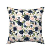 8" Beach Blossoms // White - Watercolor Floral in Blush and Navy