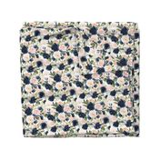 8" Beach Blossoms // White - Watercolor Floral in Blush and Navy