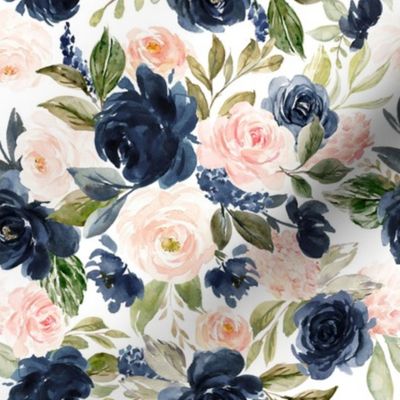 8" Beach Blossoms // White - Watercolor Floral in Blush and Navy