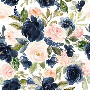 8" Beach Blossoms // White - Watercolor Floral in Blush and Navy