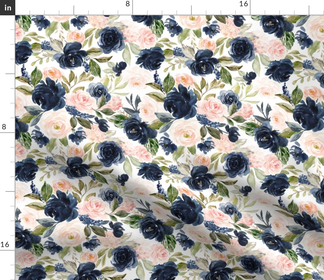 8" Beach Blossoms // White - Watercolor Floral in Blush and Navy