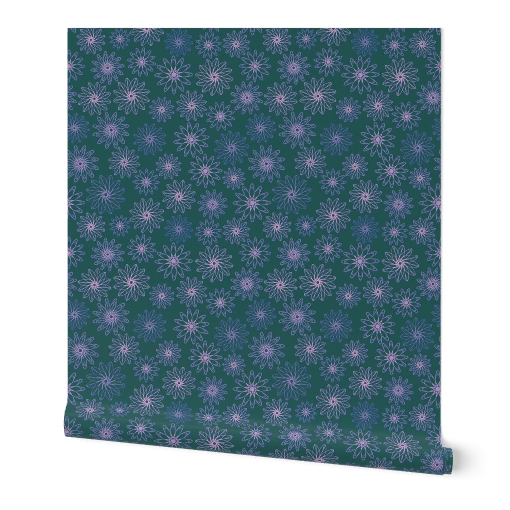 Geometric flower in  green (bayberry) pink (Lila sachet) and classic blue