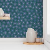 Geometric flower in  green (bayberry) pink (Lila sachet) and classic blue