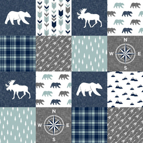 Happy Camper / compass - bear and moose - navy and dusty blue  C19BS