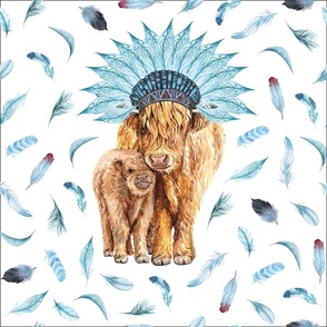 18x18" blue feather highland cow lovey