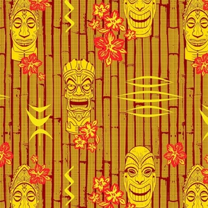 Bamboo Tiki Heads Red Gold