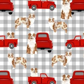 australian shepherd dog truck fabric - red vintage truck fabric, dogs and trucks fabric, dog fabric - grey plaid