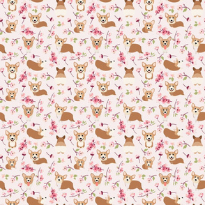 6" Corgi in spring florals fabric, cherry blossom sakura in asia, pink