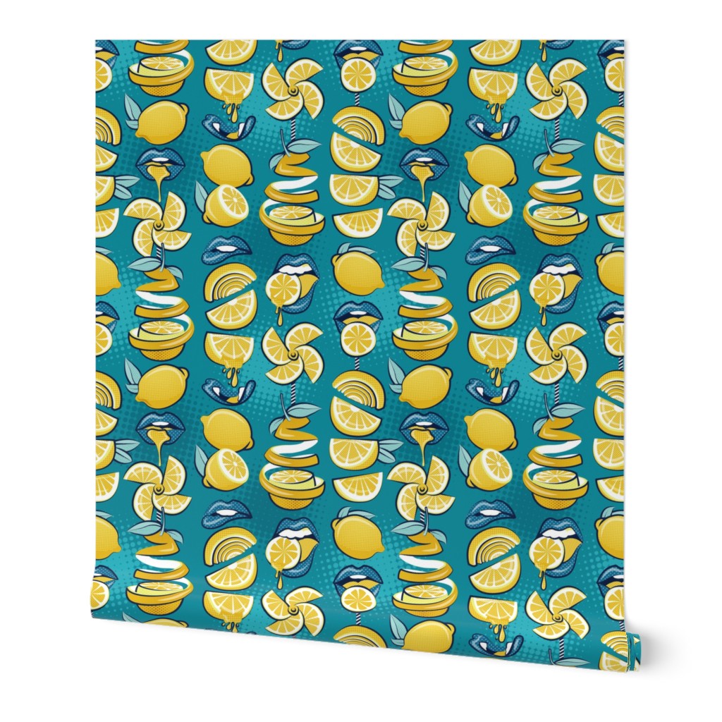 Small scale // Pop art citrus addiction // teal background blue lips yellow lemons and citrus fruits