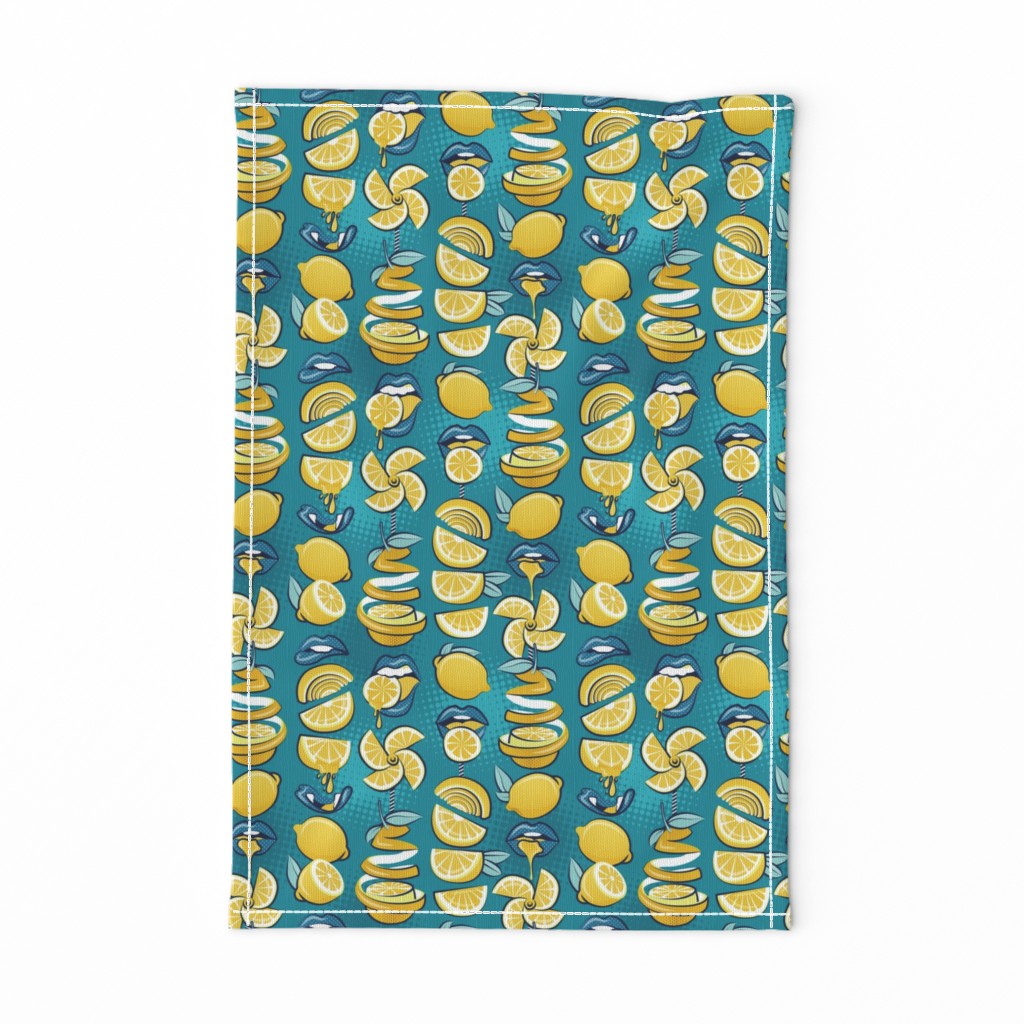 Small scale // Pop art citrus addiction // teal background blue lips yellow lemons and citrus fruits