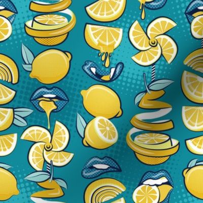 Small scale // Pop art citrus addiction // teal background blue lips yellow lemons and citrus fruits