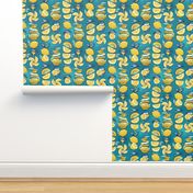 Small scale // Pop art citrus addiction // teal background blue lips yellow lemons and citrus fruits