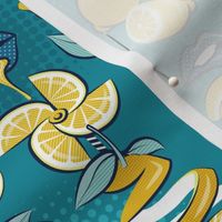 Small scale // Pop art citrus addiction // teal background blue lips yellow lemons and citrus fruits