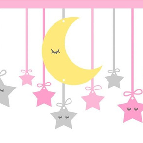 Sleepy Eyes Moon Stars Yellow Pink Gray Girl Nursery