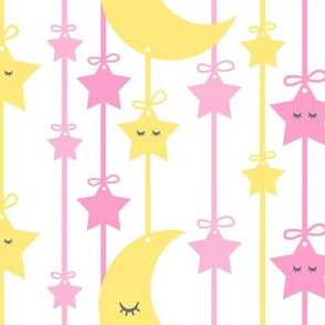 Hanging Sleepy Stars Moon Pink Yellow Baby Girl Nursery