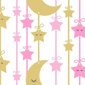 Hanging Sleepy Stars Moon Pink Gold Baby Girl Nursery