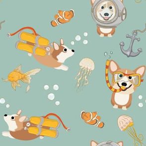 9" Diving Corgis - Corgi in the sea - teal 