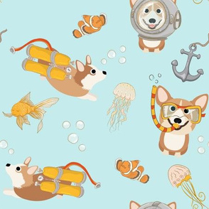 9"Diving Corgis - Corgi in the sea -  blue