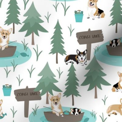 8"  cute welsh cardigan corgis are fishing in forest lake painted sport design corgi lovers will adore this fabric -white