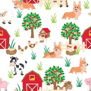 8" cute welsh cardigan corgis are on the farm with lot animals design corgi lovers will adore this fabric -white 