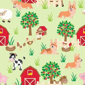 8" cute welsh cardigan corgis are on the farm with lot animals design corgi lovers will adore this fabric -green