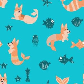 8" cute welsh cardigan corgis are mermaids in the deep ocean animals design corgi lovers will adore this fabric -blue