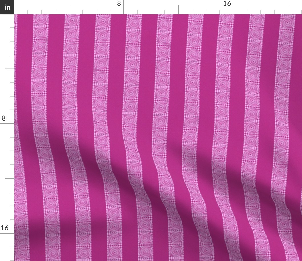 HCF33 - Novelty Weather Stripe Alternating Magenta Pink Sandstone Stripes with Pink Hurricanes on a Checkered Field 