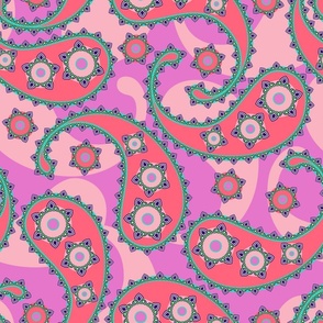 Paisley. Pink with coral on a lilac background