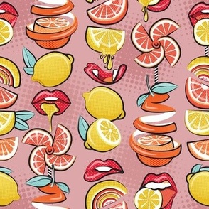Small scale // Pop art citrus addiction // blush pink background red lips yellow and orange lemons and citrus fruits