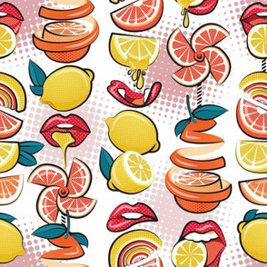 Small scale // Pop art citrus addiction // white background red lips yellow and orange lemons and citrus fruits