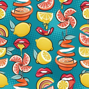 Small scale // Pop art citrus addiction // teal background red lips yellow and orange lemons and citrus fruits